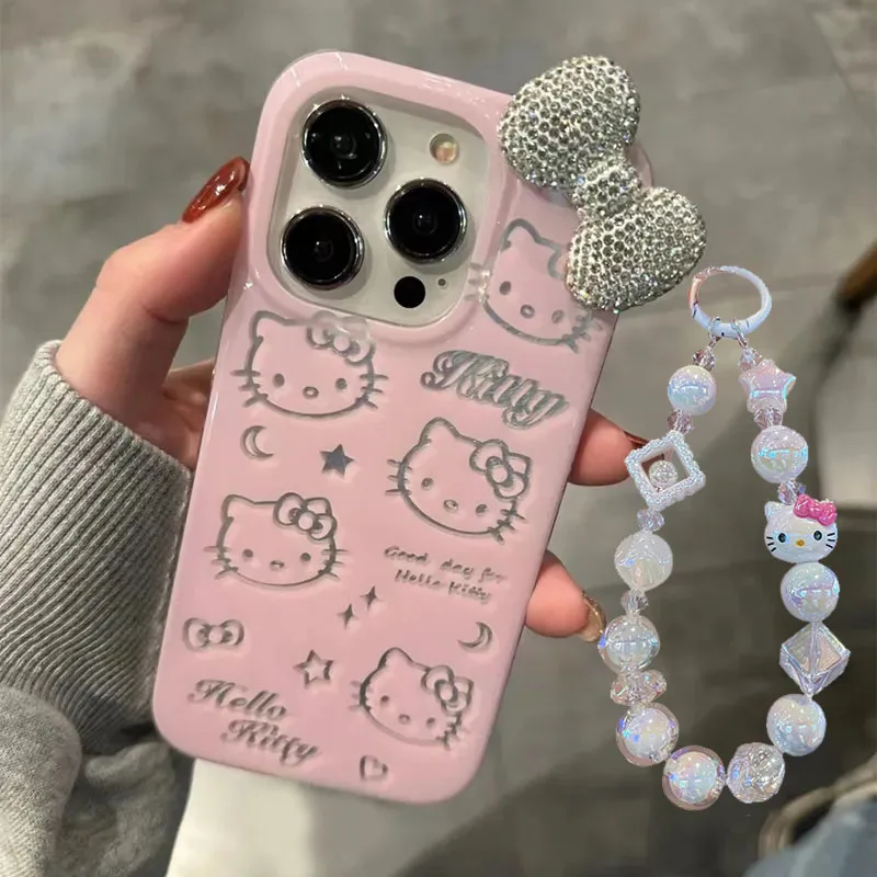 Shining Hello Kitty White Diamond Bow Strap Phone Case For iPhone 16 15 14 12 13 11 Pro Max XR XS MAX 7 8 PLUS MINI Y2K Cover