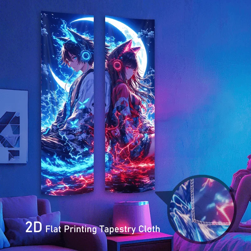 Vertical Anime Fox Ear Tapestry, 2D Flat Japanese Manga Wall Hanging, Neon Cyberpunk Decor for Living Room Bedroom, Ideal Gift f