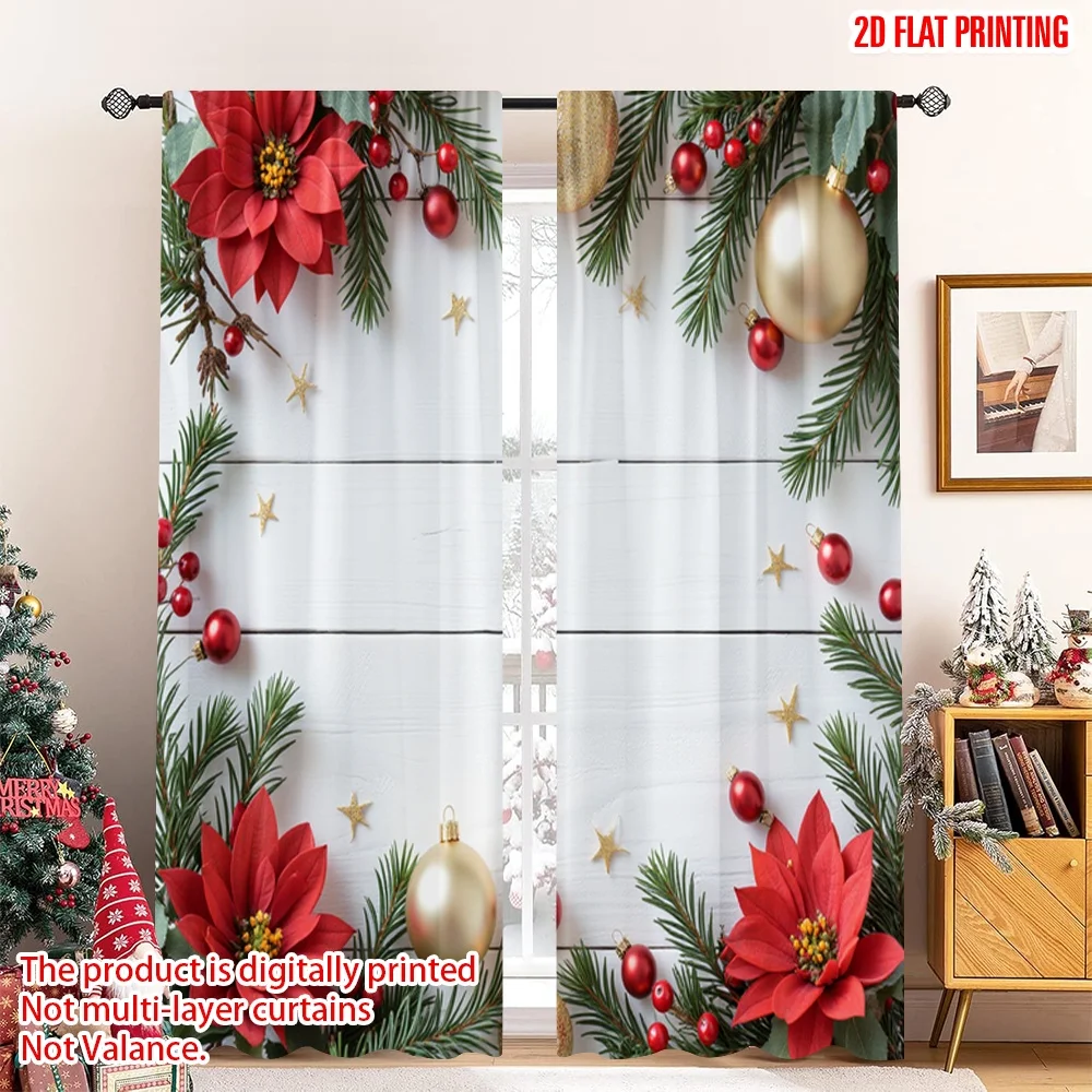 

2pcs 2D flat printing Christmas Window Drapes Christmas Ornaments Poinsettia Festive Polyester Without Electricity 0 Perfect for