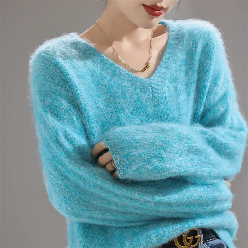 

Осень/зима, новый женский пуловер из 100% чистой шерсти, повседневный однотонный вязаный свитер, свободные бархатные топы с v-образным вырезом, утепленный теплый джемпер