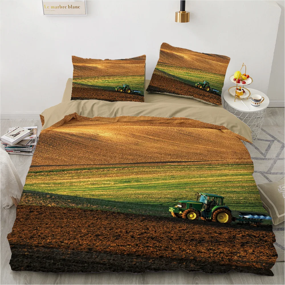 Tractor Kids Duvet Cover,Monster Truck on Farm Pattern Comforter Cover Set King/queen Size,Country Boys Hobby Cars Bedding Set