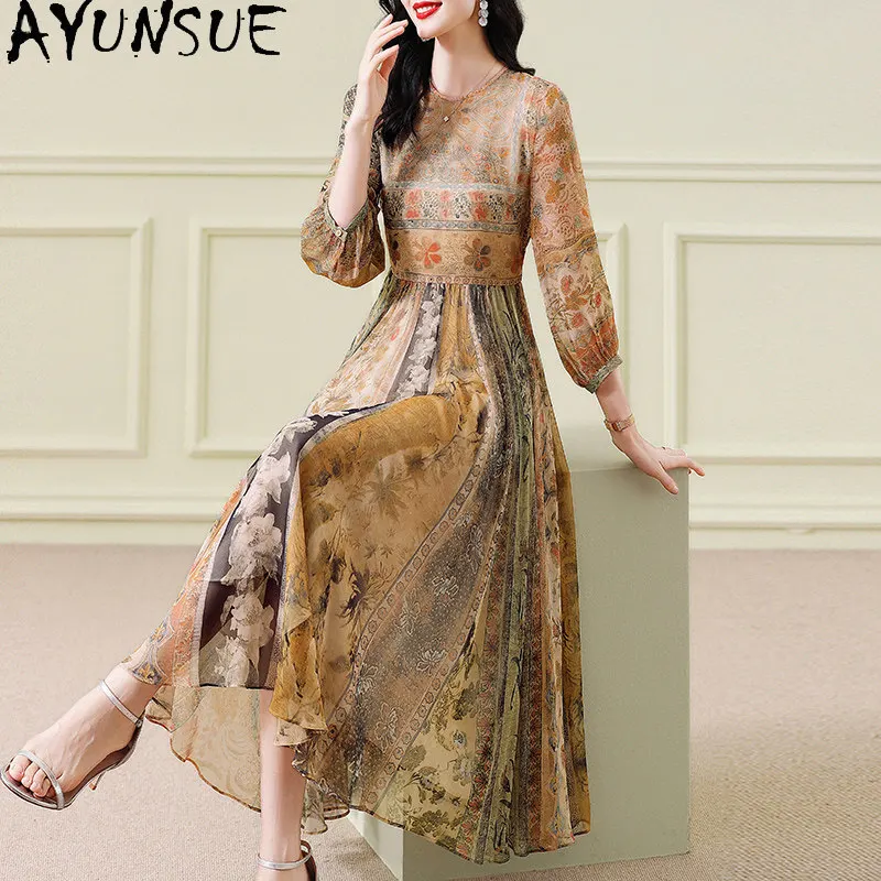 AYUNSUE Partykleid aus natürlicher Maulbeerseide für Damen, elegante Damenkleider, modisches Sommerkleid, langer Stil, Vestido Mujer
