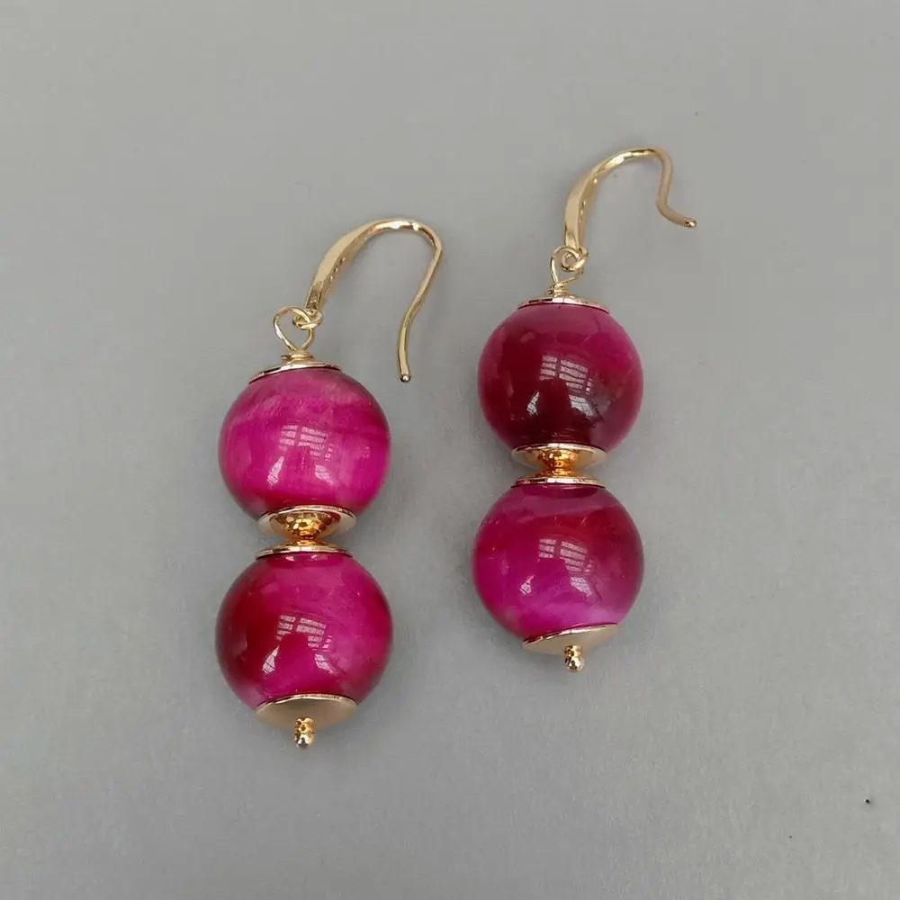 Y·YING Natural Tiger Eye Drop Earrings Fuchsia Color For Women Earring