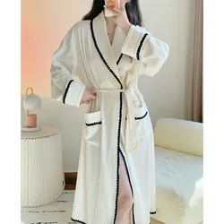 Long Sleeve Sweet and Sexy Pure Cotton Sense of Advanced Long Pajamas Bathrobe Robes for Women Night-robe Female Spring  Autumn