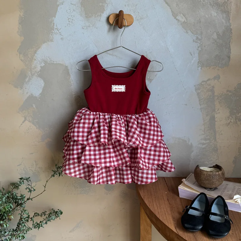 2026 Summer New Girls Sweet Vest Dress Children Sleeveless Splicing Plaid Dress Cotton Baby Girl Princess Dress Kids Clothes