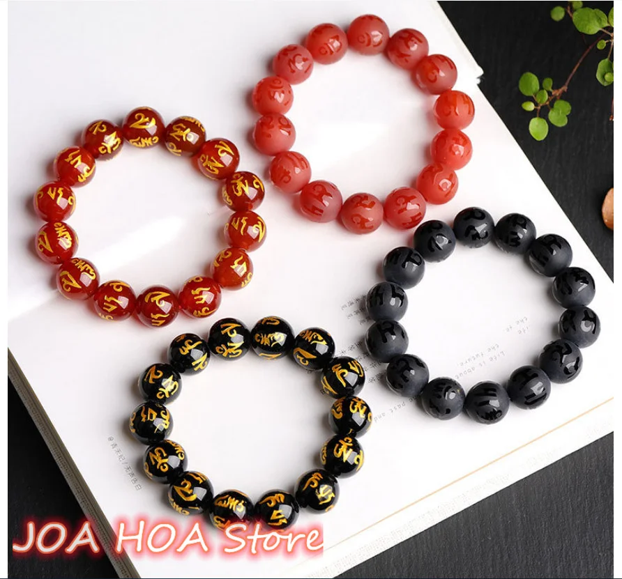 

Natural Red-Onyx Black Onyx Lettering Six Words Mantra Proverbs Bracelet 6-16mm Single Loop Hand String Bangles Handring Jewelry