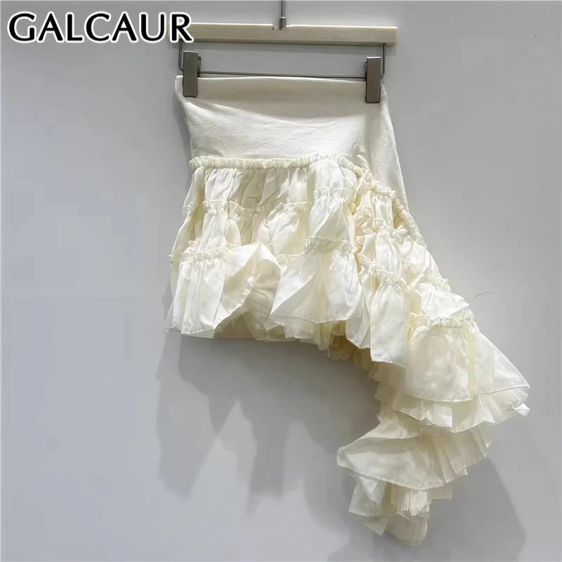 

GALCAUR Solid Slimming Spliced Ruffles Irregular Skirt for Women Patchwork Elastic Waist Temperament Skirt Female Clothing New