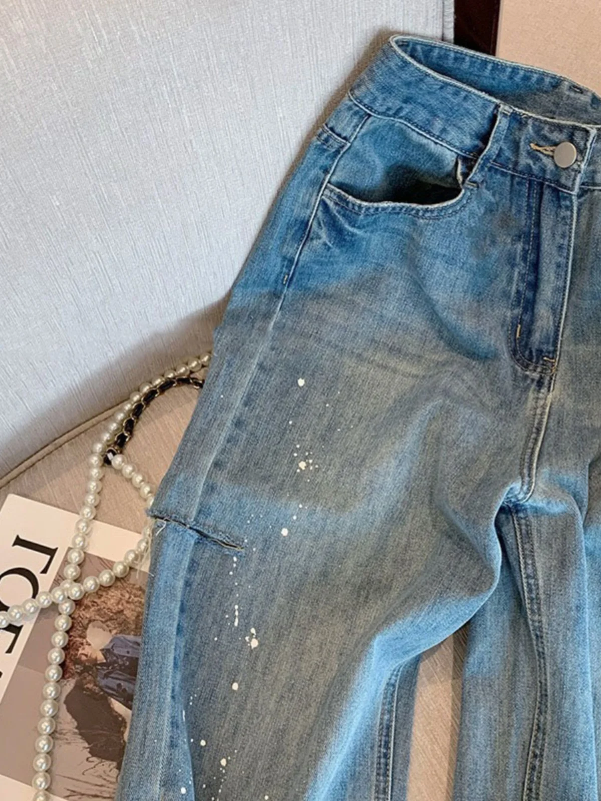 Retro Jeansy z efektem plamion, męskie i damskie, letnie, modne, markowe, indywidualne, slim, z szerokimi nogawkami, proste spodnie, 100% bawełna, luźny krój.