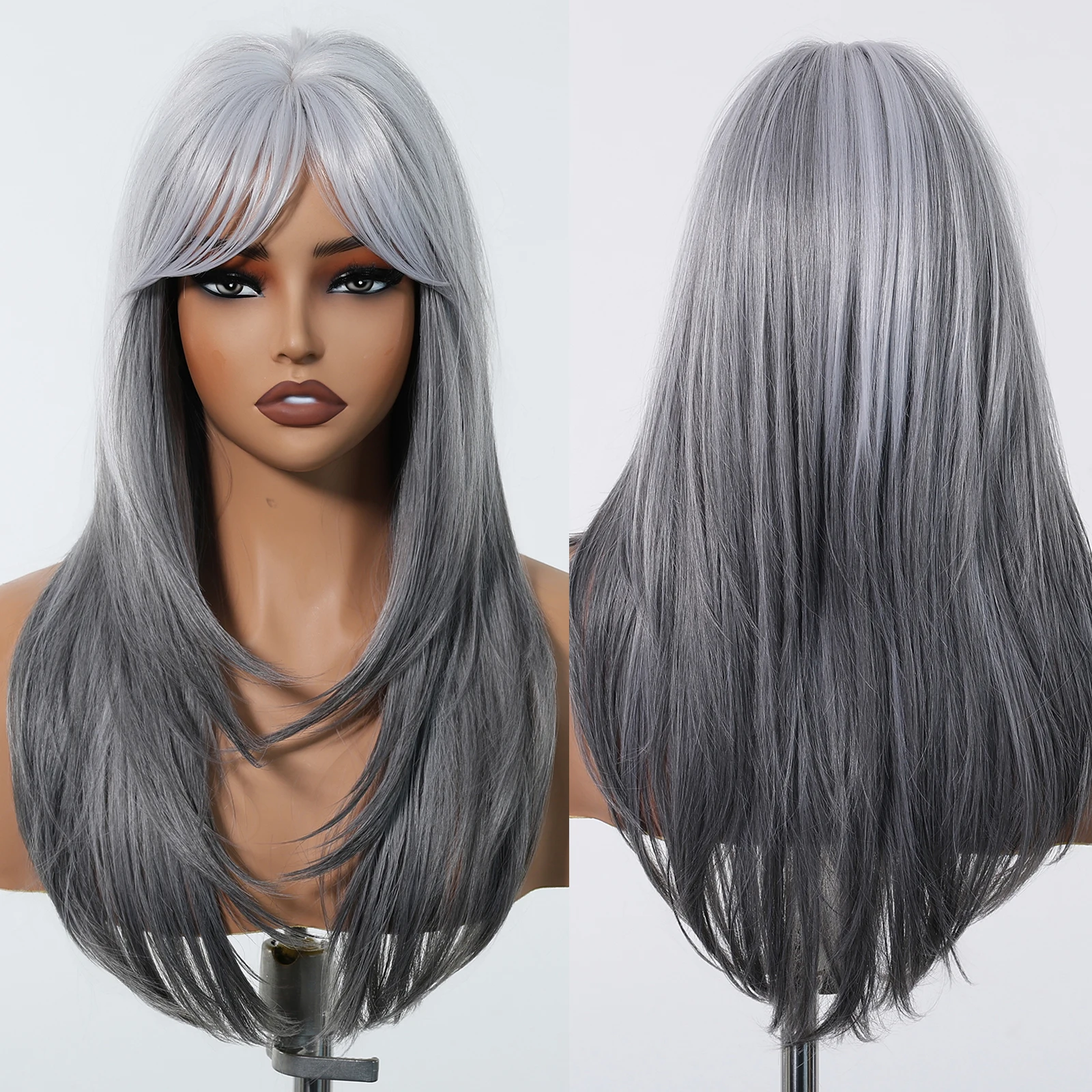 LOUIS FERRE Wig Sintetis Lurus Panjang Wig Ombre Abu-abu Putih untuk Wanita Wig Berlapis Alami Tahan Panas untuk Penggunaan Cosplay Sehari-hari