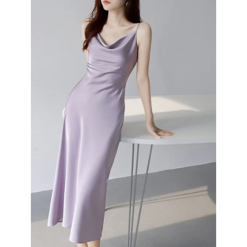 

Acetate Texture Satin Swing Collar Sling Women's High-Grade Summer Temperament Waist-Slimming Long Dress