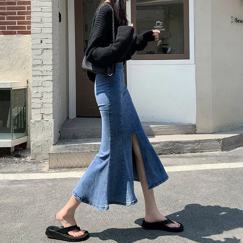 Women Long Denim Trumpet Skirts Sexy Vintage Splited Fork Hip-wrap 2023 Spring Autumn Female High Waist Stretch Mermaid Skirt