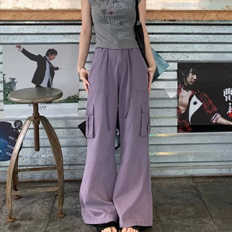 

Women's Purple Lace-Up Wash Work Pants Street Y2k American Summer Thin Loose Pants Trendy Cool Straight Wide-Leg 2025 New Jeans