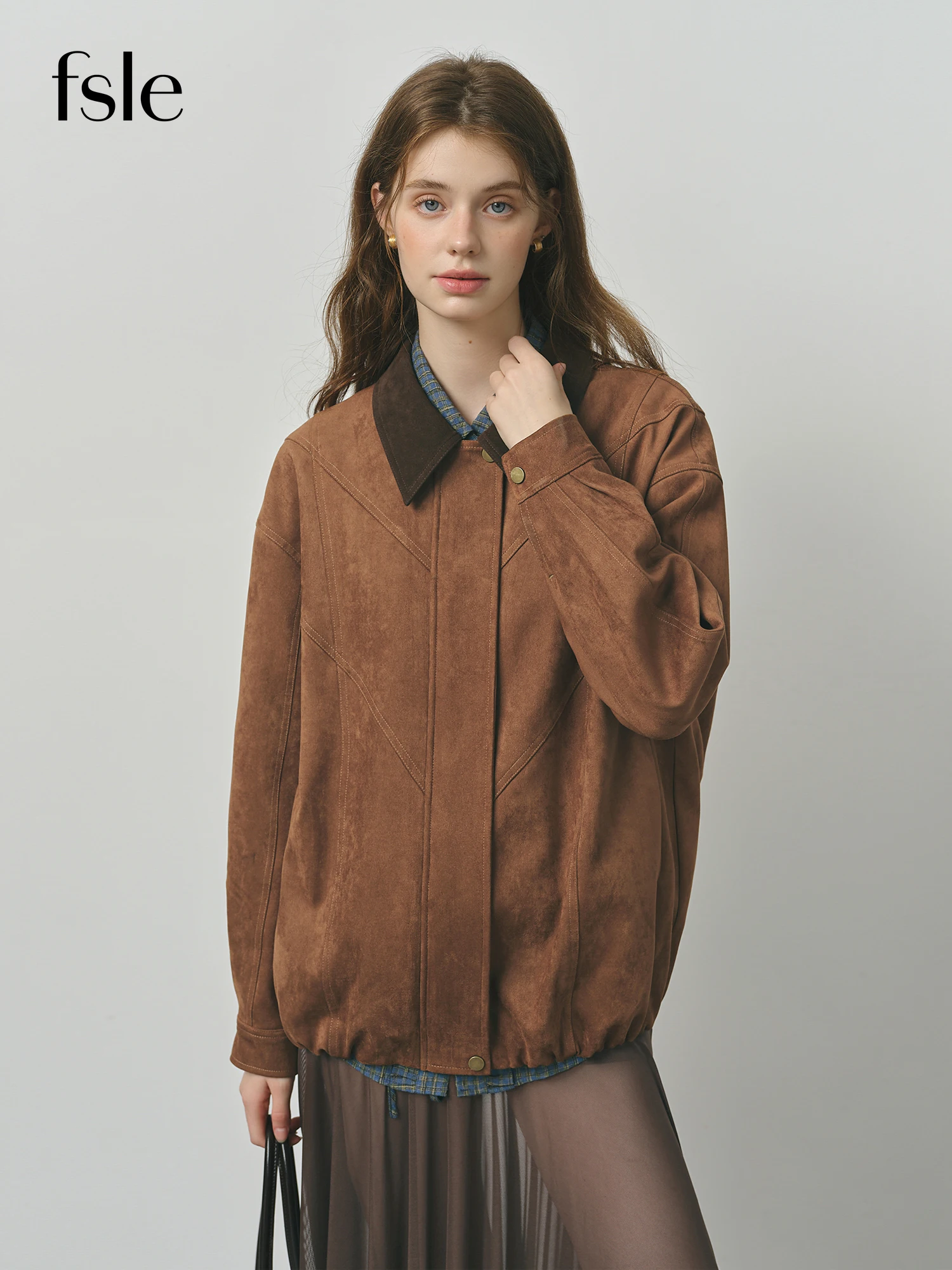 

FSLE Retro Style Maillard Suede Long Sleeves Jacket for Women 2025 Autumn New Arrival Contrast Color Lapel Chic Coat 25FS13162