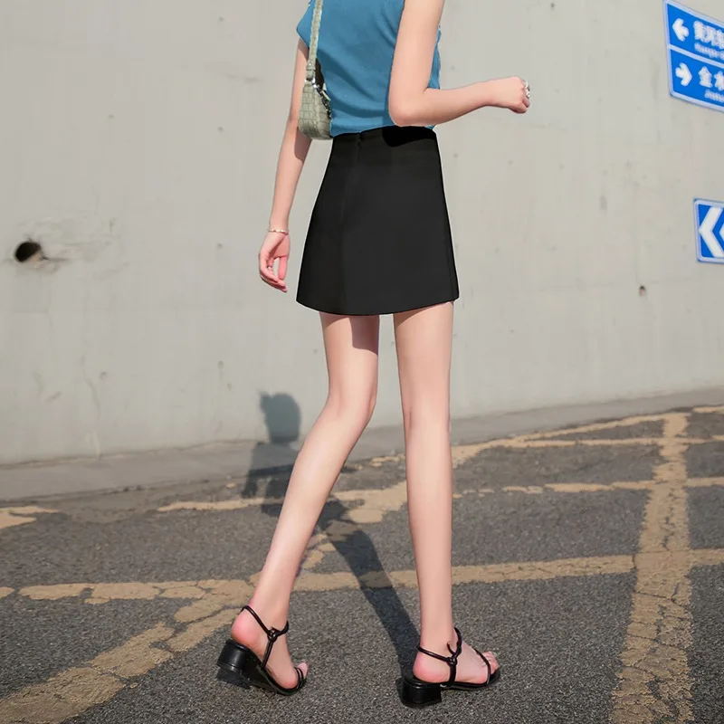 

Solid Skirts Women Korean Fashion High Waist Silt A-line Anti-glare Chic Temperament Stylish Summer Office Ladies Leisure Daily