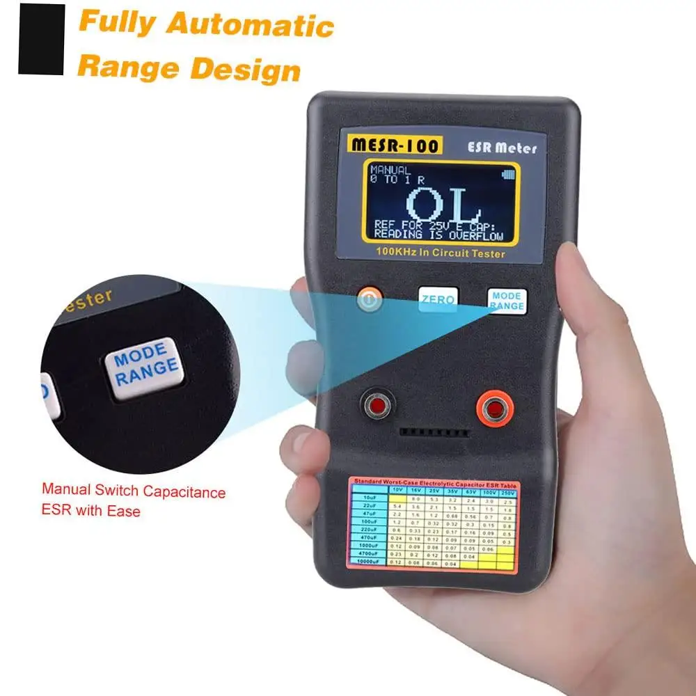 Capacitor Tester MESR-100 V2 Professional Ohm Meter 0.001-100.0R with SMD Test Clip Auto-Ranging Series Resistance Fast Check TV