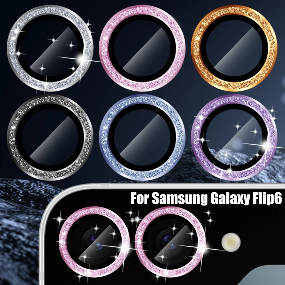 Voltar Camera Lens Temperado Protetor de Vidro para Samsung Galaxy Z Flip 6, Glitter Diamante, Metal, Anel, Flip6, 5G