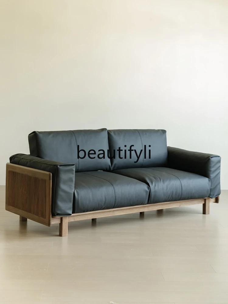

Black walnut sofa all solid wood combination sofa cherry wood light luxury living room small apartment