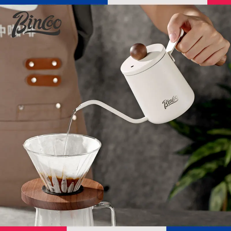 

350/600ML Hand Brewed Coffee Pot 304 Stainless Steel Household Narrow Mouth Solid Wood Handle Milk Foam Kitchen Cafe Accessories