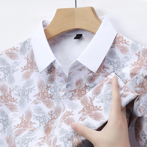 Camisa de manga corta de seda helada fina de verano para hombre, camisa informal de negocios estampada sin permanente, camisa de media manga sin costuras