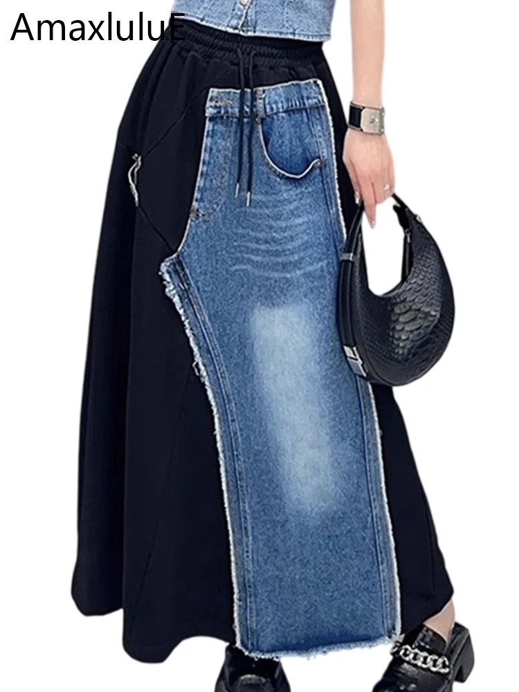 Amax luluE 2025 Autumn Fashion Streetwear Womens Fashion Luxury Loose Denim Patchwork Skirt Ladies Casual Elegant Cotton Clothes