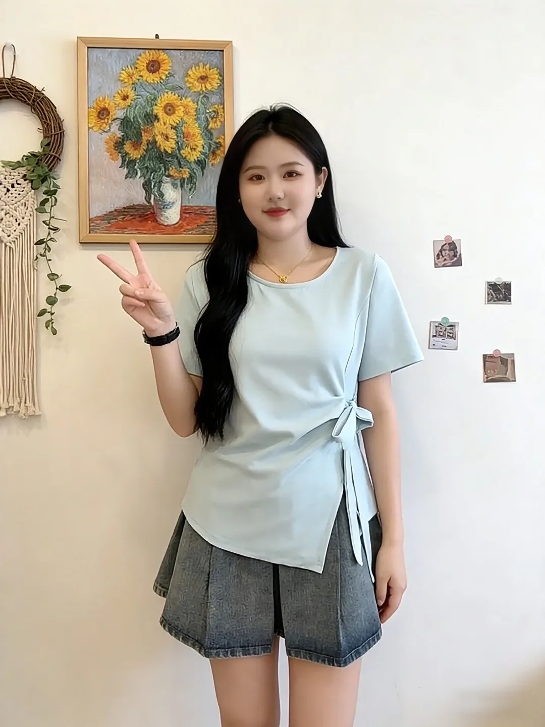 Blue Pure Cotton Irregular Short Sleeve T-Shirt Women Summer plus Size Conceal Meat Slim round Neck Shoulder Appropriate Top