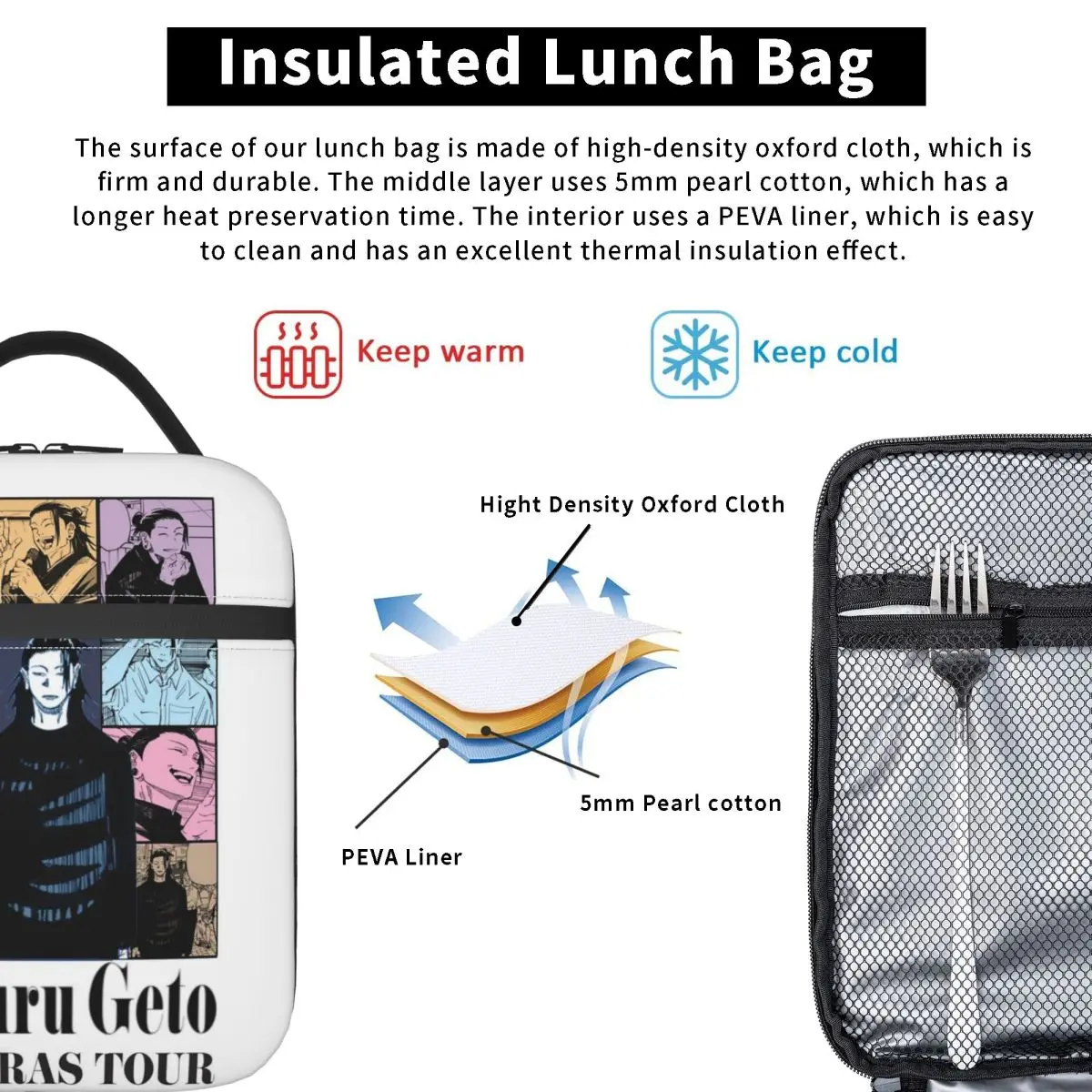 Jujutsu Kaisen Suguru Geto Anime Girl Dinner Insulated Lunch Bag for Women Children Leakproof Food Boxes Thermal Lunch Box Tote