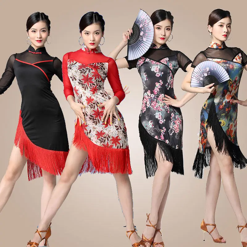 

Retro Cheongsam Latin Dance Costume Professional International Performance Dance Costume Ice Silk Long Short Sleeve Mesh Dress
