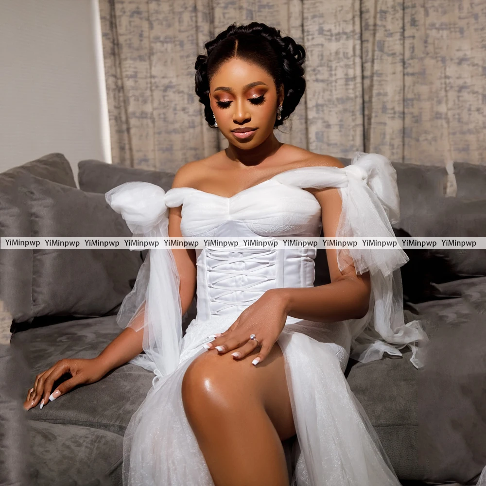 Mermaid Boho Bride Robe Nightgown Bridal Gowns Off Shoulder Sweetheart Tulle Elegant Wedding Robes For African Bridal Customized