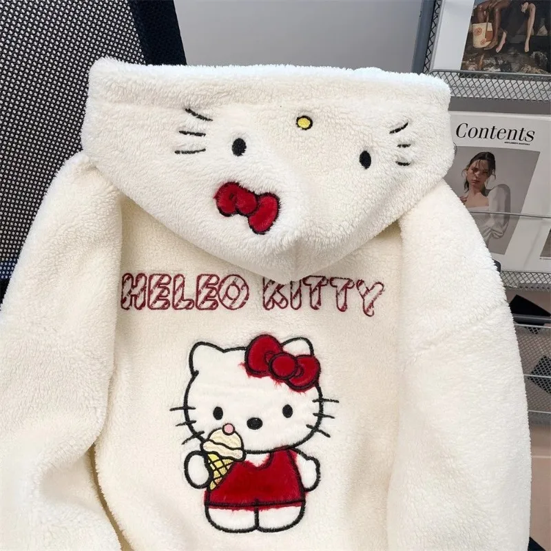 Sudadera de terciopelo de cordero de dibujos animados, chaqueta bordada de Hello Kitty, cárdigan con capucha grueso de felpa japonesa bonita para otoño e invierno