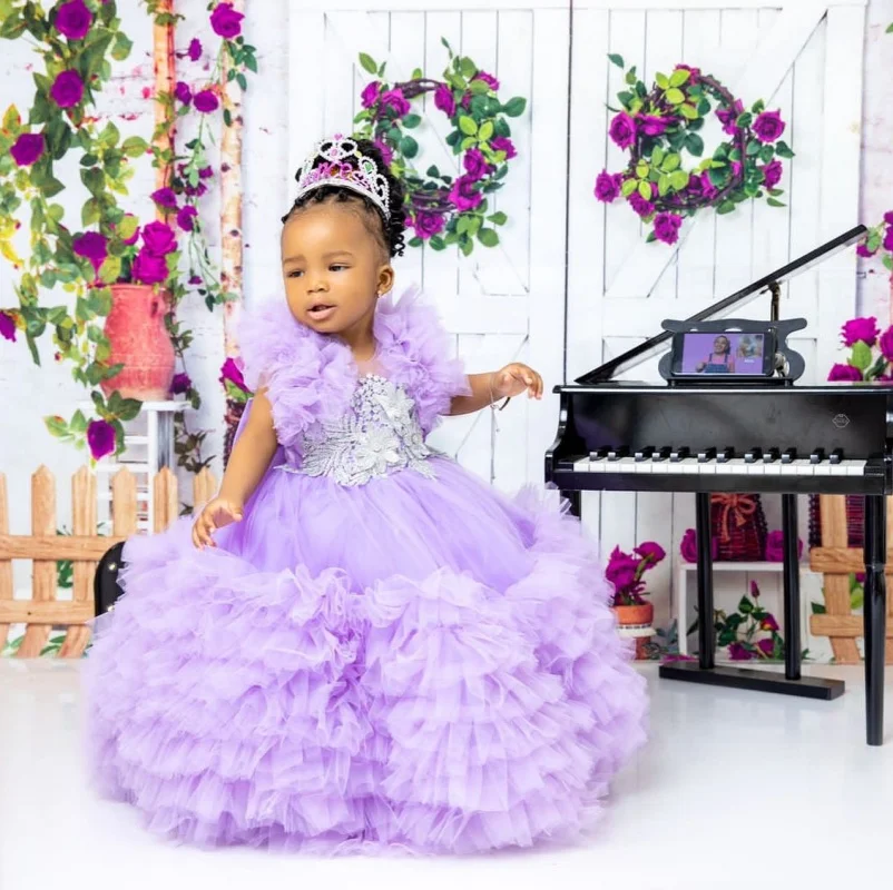 

Lavender Ruffles Girls Birthday Party Dress Beaded Applique Flower Girl Dresses Baby Kids Ball Gowns for Photo Shoot