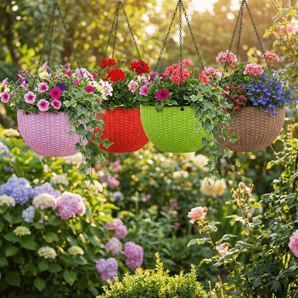 Plastic Imitation Rattan Hanging Pot European Style Self Absorbing Water Plant Hanging Basket Stackable with Chain