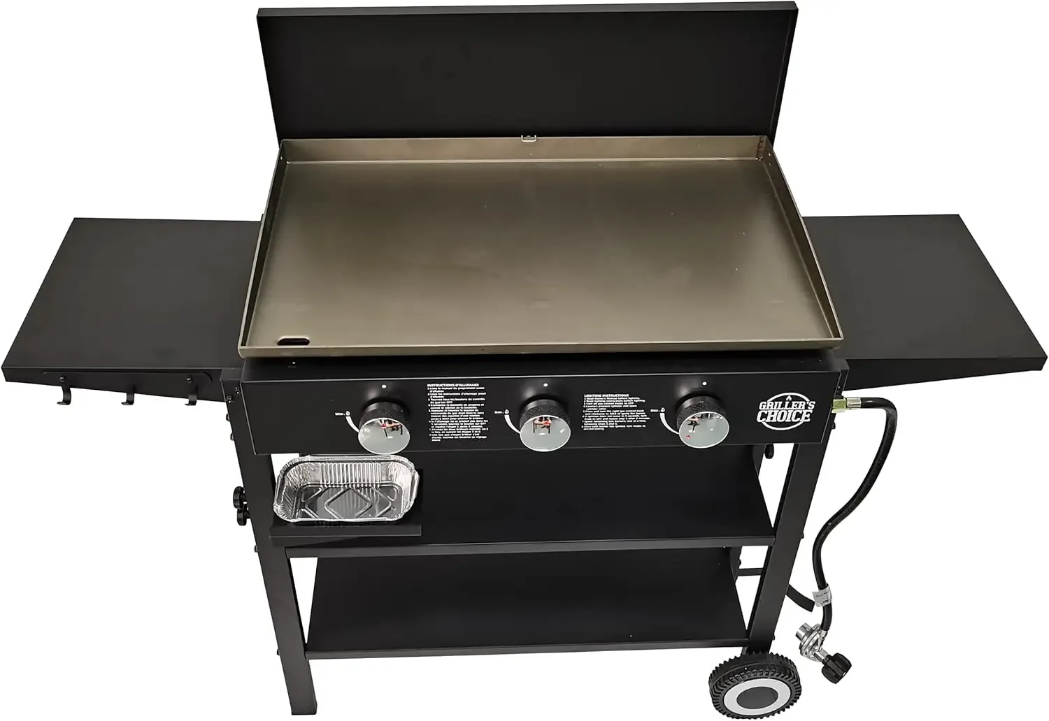 

Griller's Choice Outdoor Griddle Grill Propane Gas Flat Top - Hood Included, 4 Shelves, Disposable Grease Cups, 36,000 BTU's, La