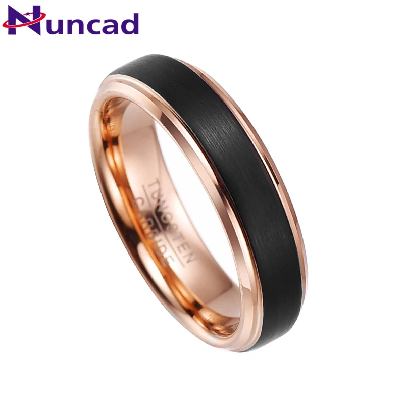 

NUNCAD 6mm Rose Gold Plating Tungsten Carbide Rings for Men Black Brushed Wedding Band Step Beveled Edge T024R