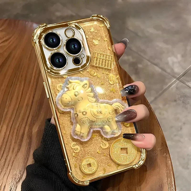 

electroplated gold ponny pattern case for iPhone 17 16 15 14 13 12 11 Pro Max Case year of the horse transparent anti drop cover
