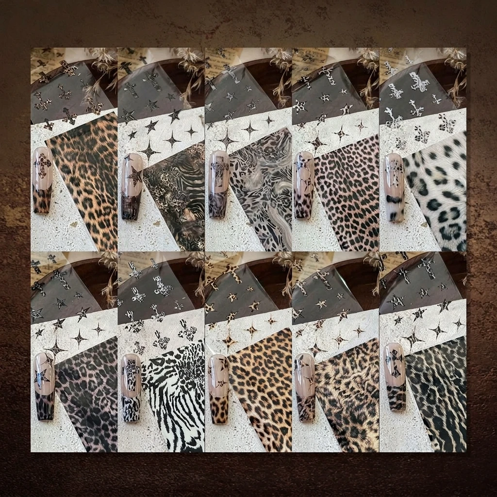 Leopard-Print Nail Art Transferfolien-Set, Y2K Gothic Kreuz-Stern-Design, Winter-Tiermuster-Aufkleber, professionelle Salon-DIY-Maniküre – Detail 1