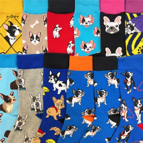 Imagen 1 del producto Calcetines divertidos de dibujos animados de Bull Terrier francés, medias de dibujos animados de amor, cachorro, perro toro blanco y negro, bonito Bulldog de algodón, calcetines coloridos para mascotas