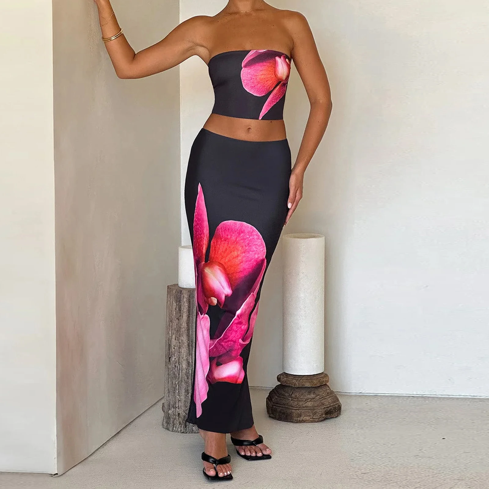 Women 2 Piece Outfits Floral Print Tube Tops and Elastic Bodycon Long Skirt Set for Streetwear Aesthetic Clothes