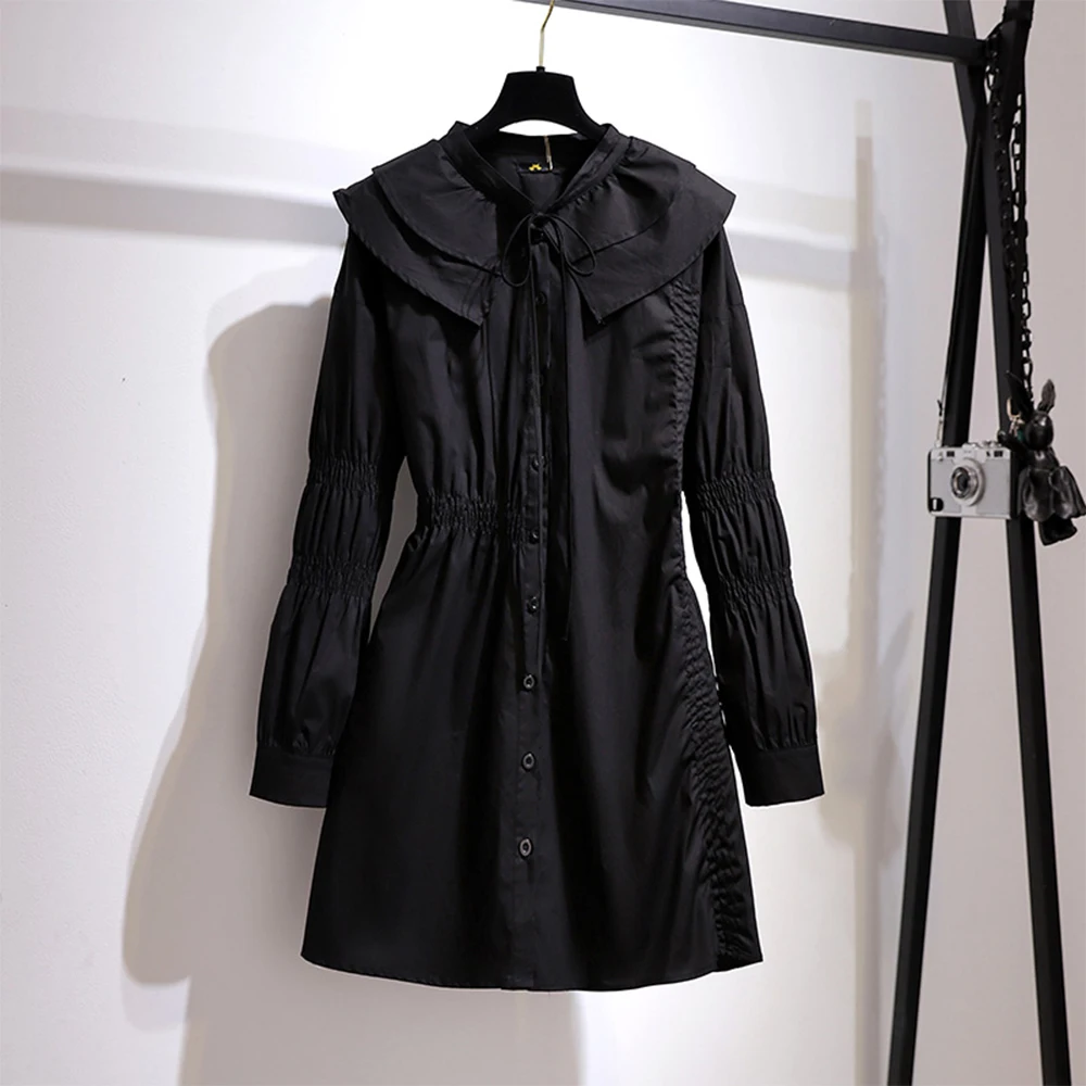 

Spring and autumn new plus-size women's black casual loose long-sleeved dress doll collar cute age-reducing mid-length dress big