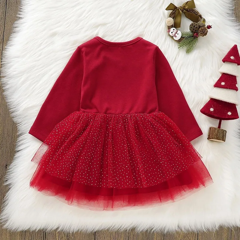 Ins Christmas Baby Girl Baby Long Sleeve Elk Printed Mesh Dress Baby Girl Performance Dress