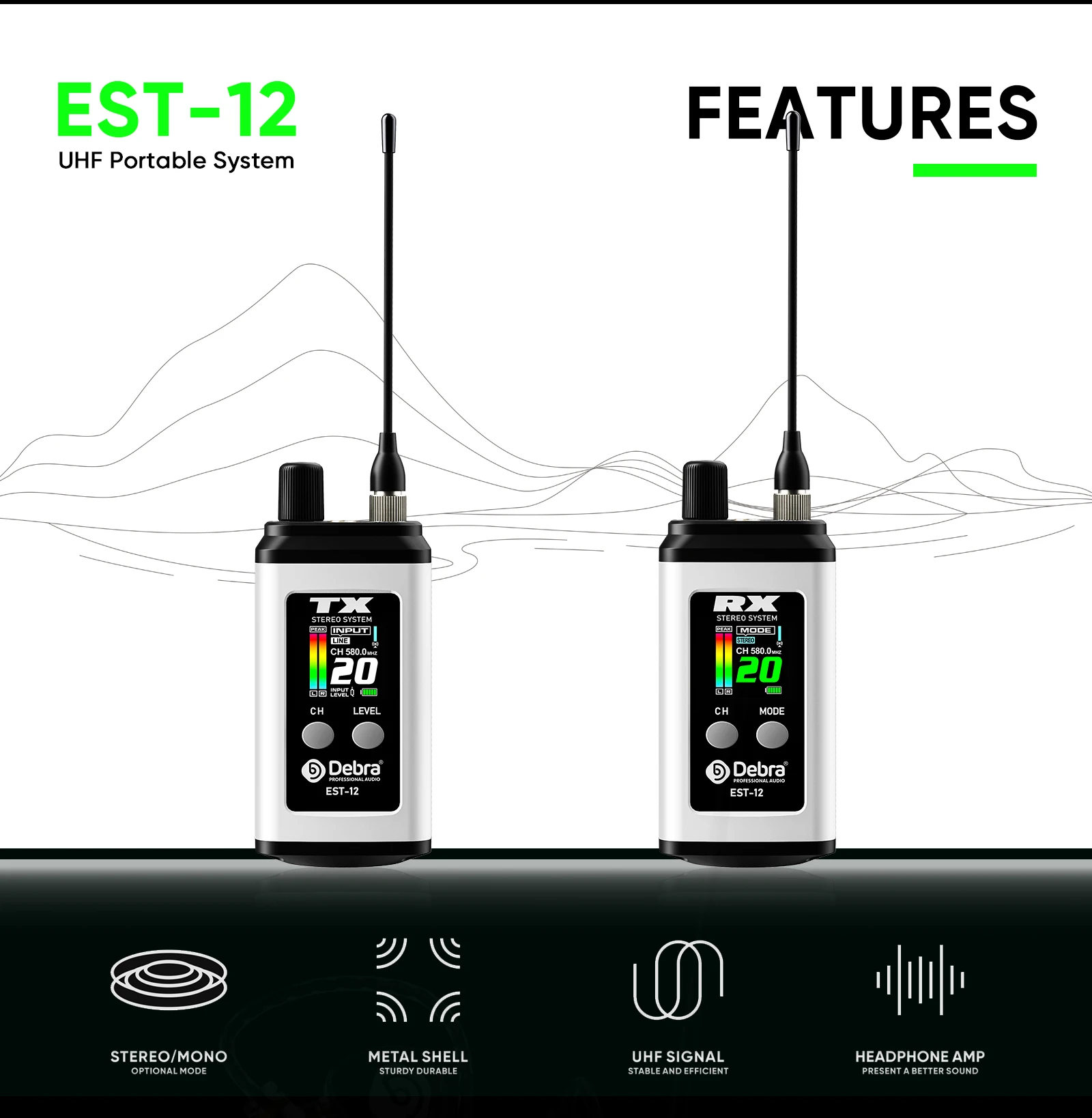 Debra EST-12 نظام مراقبة لاسلكي UHF ستيريو داخل الأذن ثنائي القناة محمول قابل لإعادة الشحن 560 ~ 590 ميجا هرتز