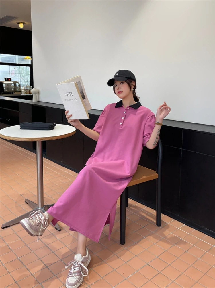 الصيف المرأة فستان طويل محبوك النسيج بولو طوق المتضخم فستان قصير الأكمام Vestidos رداء Elbise فضفاض ميدي ألف خط فساتين