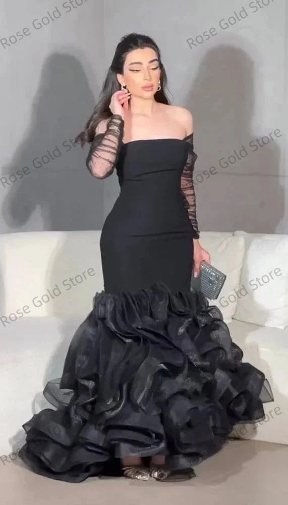 Vestidos de noite femininos de sereia preta, ombro de fora, manga completa de tule, vestidos de baile personalizados, babados, plissados, robes de soriee