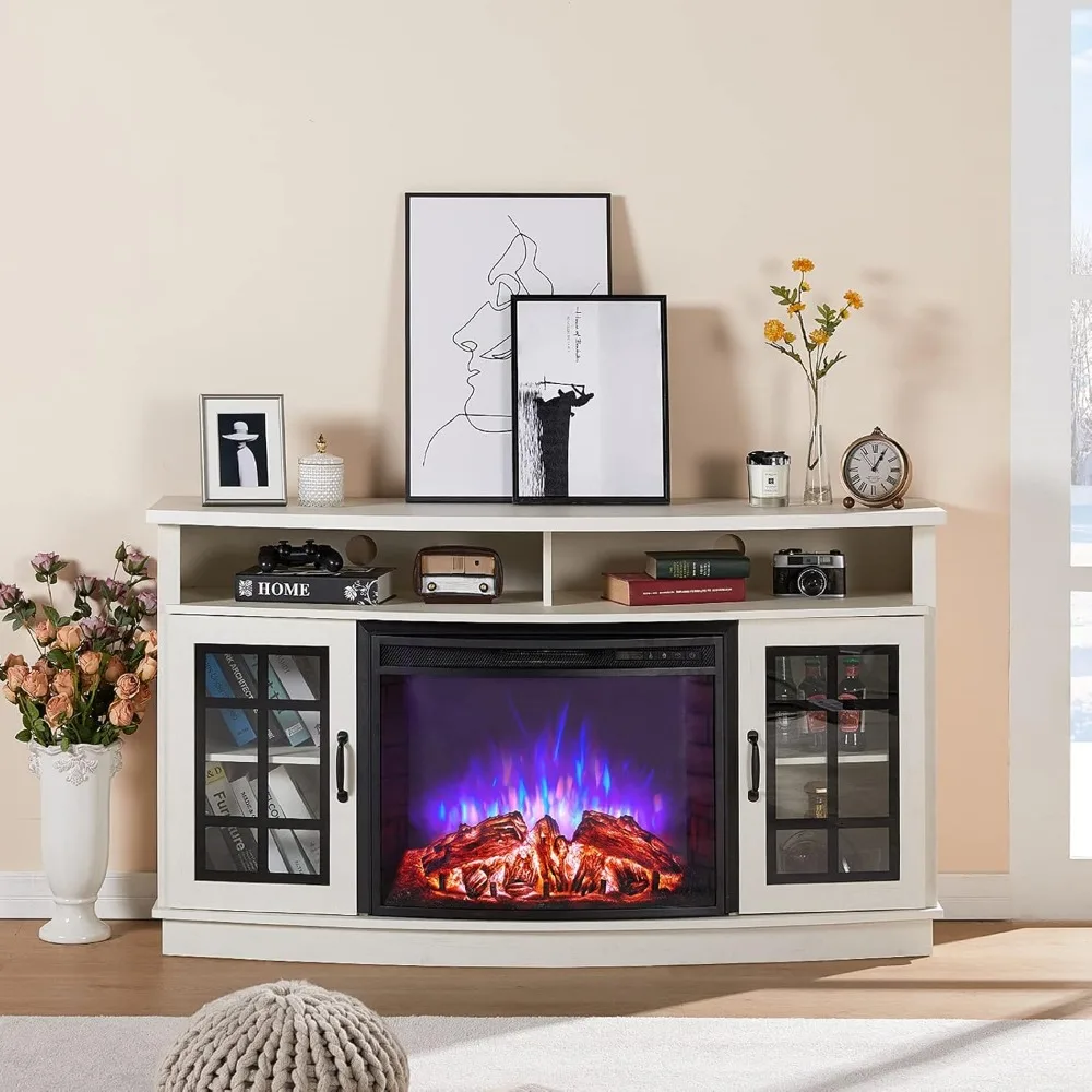 Fireplace TV Stand for TVs Up To 65", Media Fireplace TV Console Table with Storage Farmhouse Glass Door, TVs Stand image 6