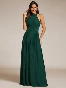 Vestidos de noite elegantes, decote halter, plissado, brilhante, formal com cintura império, 2021, sempre bonito de vestido de dama de honra verde escuro