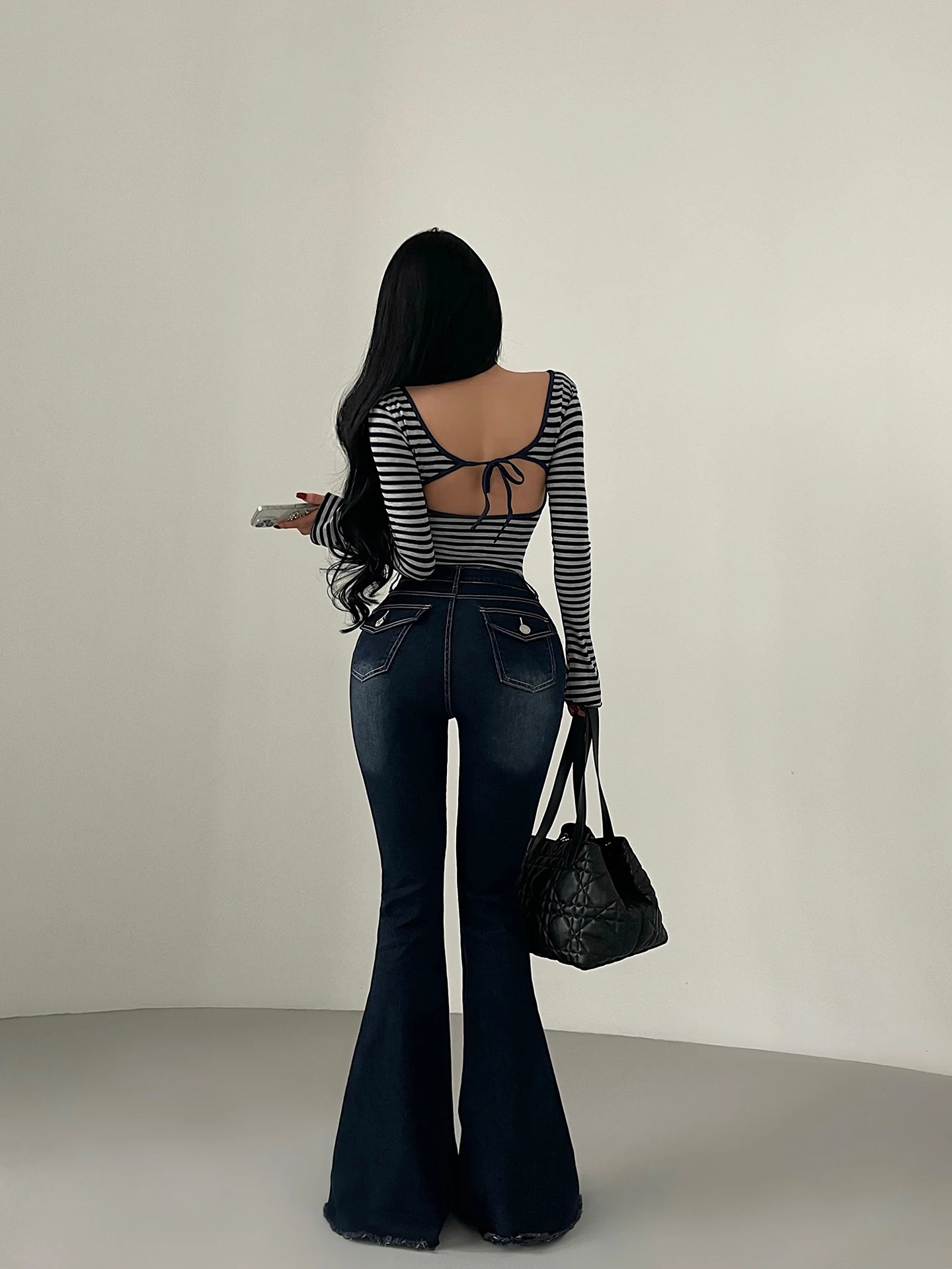 

Korean Style High Waist Slimming Bell Bottom Jeans Long Loose Fit Casual Women's Spring Summer Denim Pants Frayed Hem
