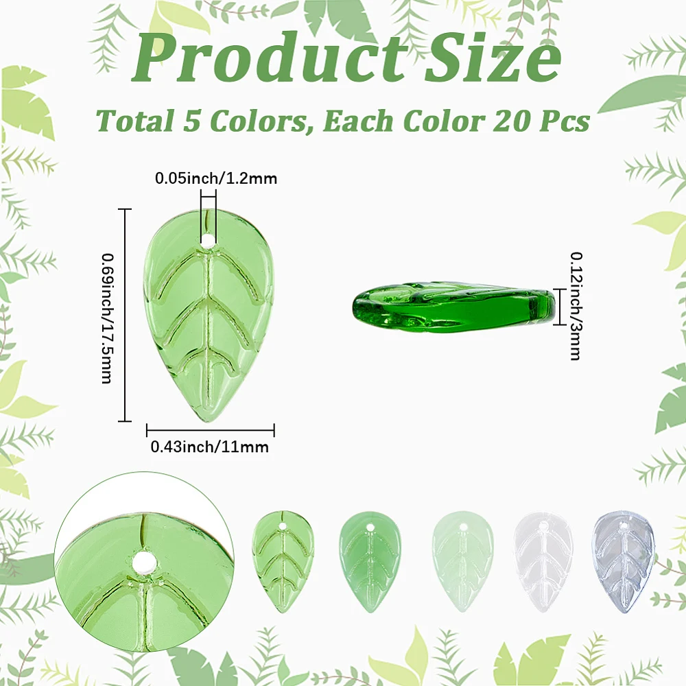 5 Colors 100PCS Glass Leaf Beads with Hole Czech Lampwork Handmade Colorful Leaves Pendants Imitation Jade Spacer Bead Bulk