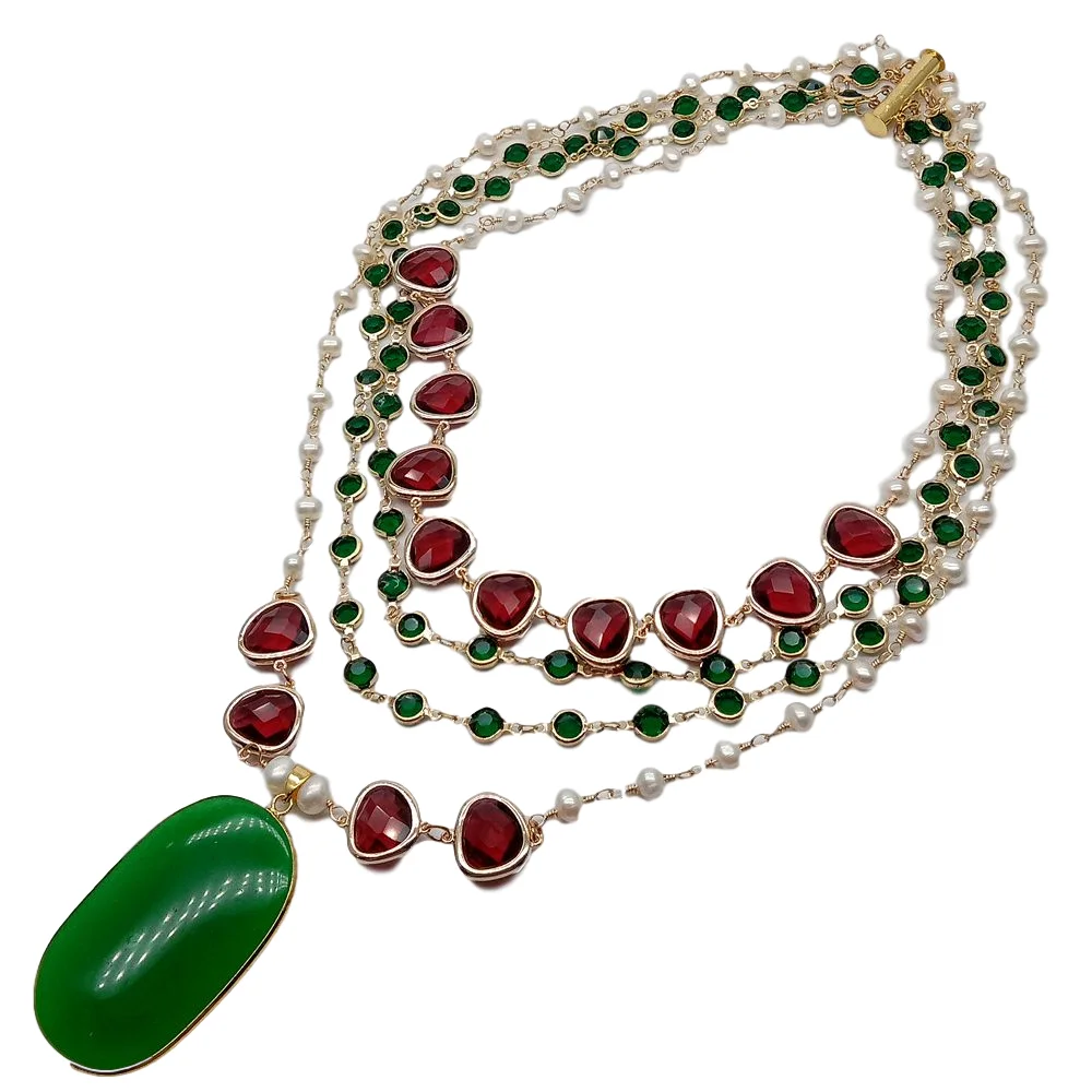 Y·YING Natural 4 Strands Cultured White Freshwater Pearl Red Crystal Bezel Chain Statement Necklace Green Stone Pendant Necklace