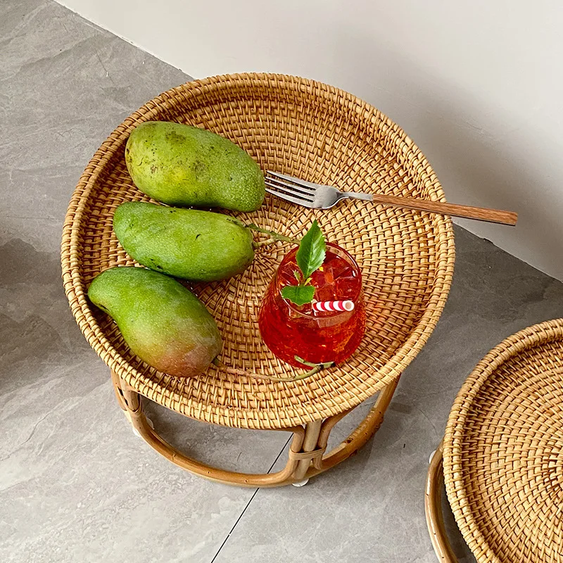 Handmade autumn rattan woven idyllic courtyard balcony living room refreshments cakes fruit round small side few retro features