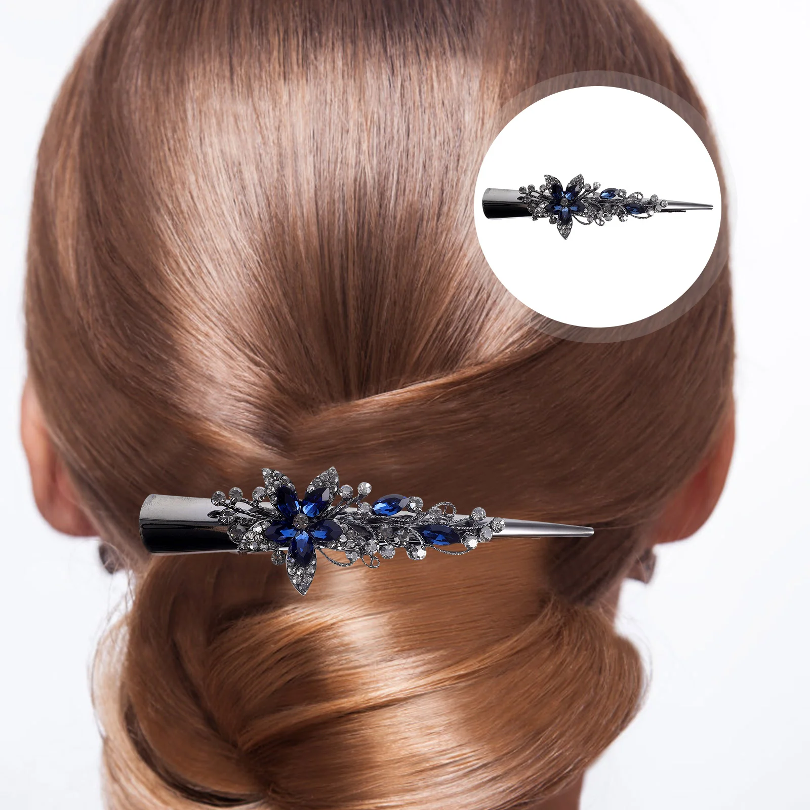 Rhinestones Retro Large Metal Horn Clip Headband Crystal Hairpin Pointed Beak (dark Blue) Miss Vintage Decor Alligator