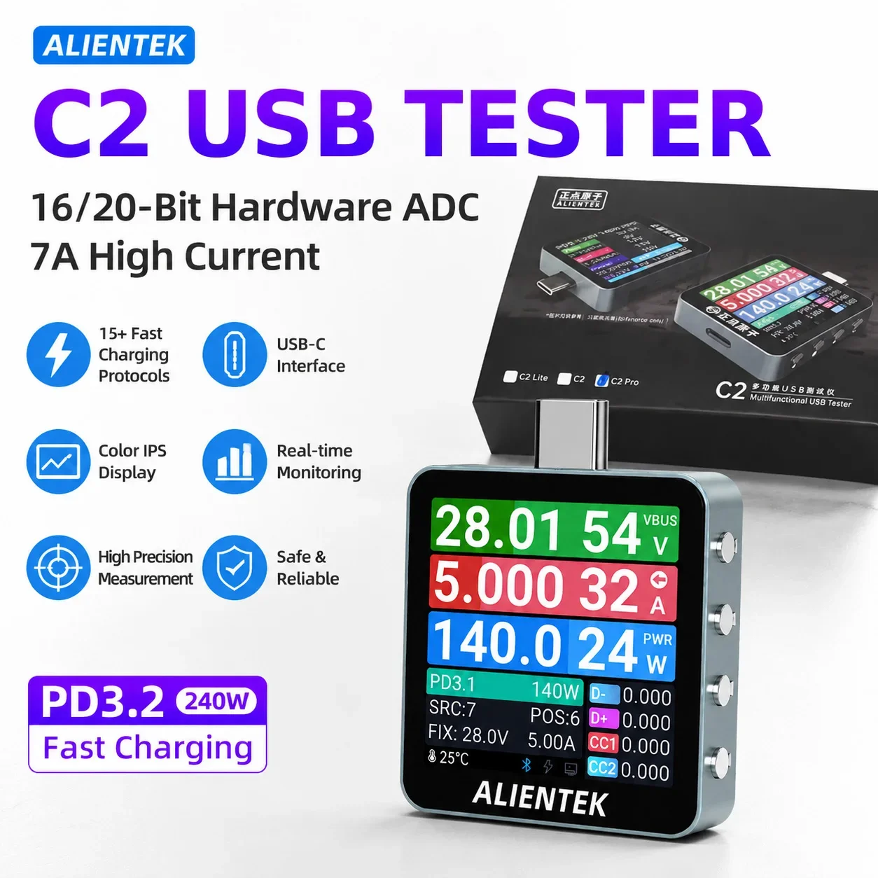 ALIENTEK C2 Color Screen Tester 240W High Current Real Time Monitor Voltage Current Power Ripple Fast Charging Protocol Detector - view 6